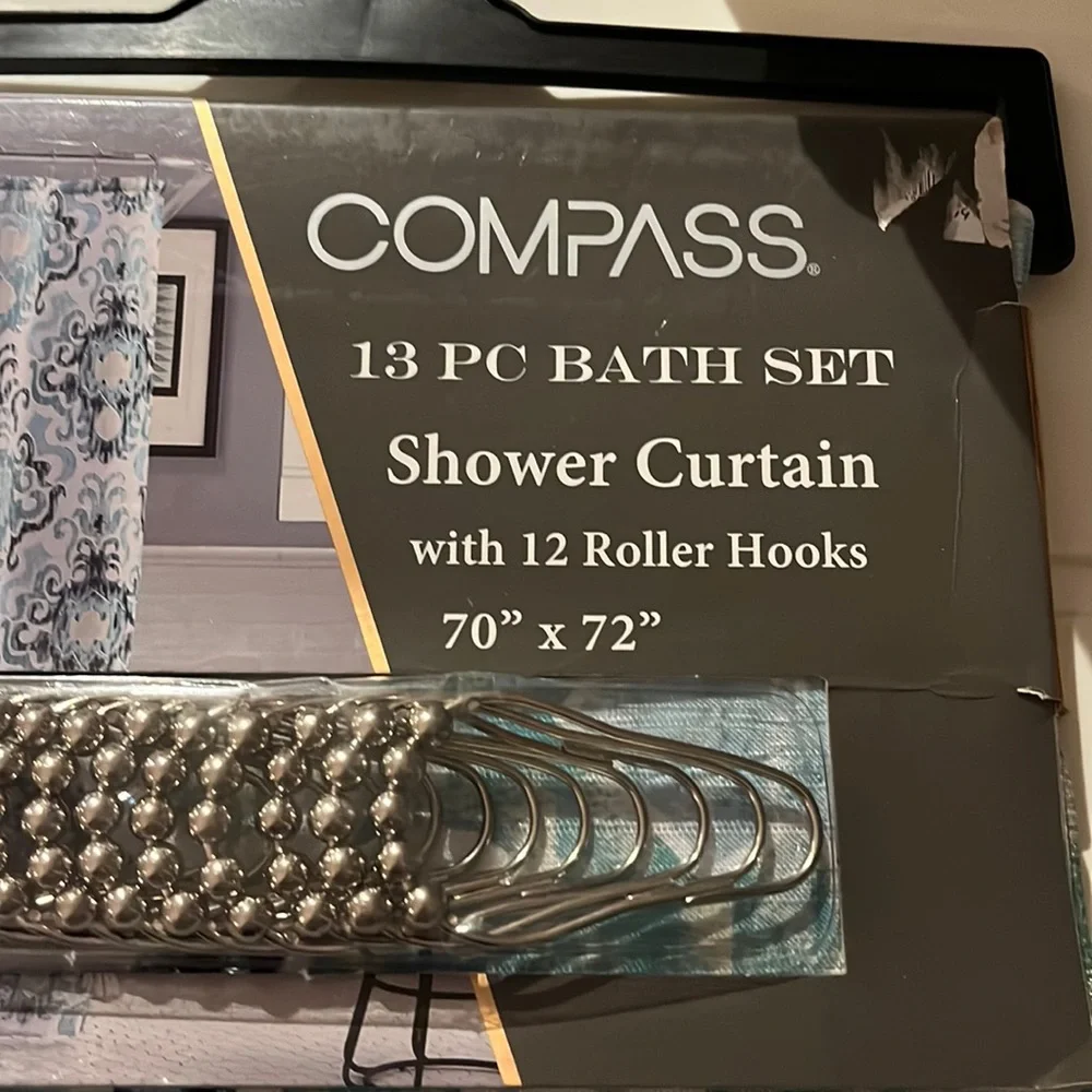 Compass bath set Shower Curtain 12 hooks 70” x 72” brand new Washable material